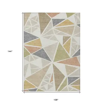 9' X 12' Ivory Brown And Green Geometric Washable Indoor Outdoor Area Rug