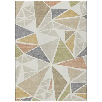 9' X 12' Ivory Brown And Green Geometric Washable Indoor Outdoor Area Rug