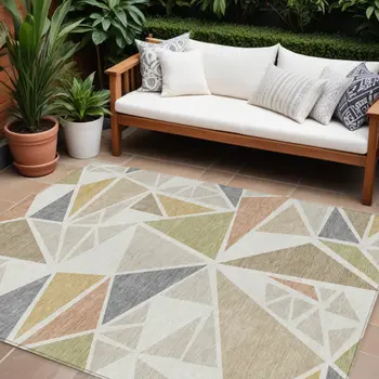 10' X 14' Ivory Brown And Green Geometric Washable Indoor Outdoor Area Rug