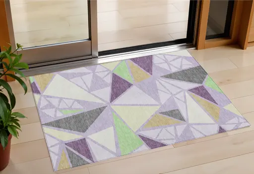 3' X 5' Lavender Purple And Green Geometric Washable Indoor Outdoor Area Rug