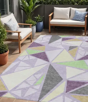 5' X 8' Lavender Purple And Green Geometric Washable Indoor Outdoor Area Rug