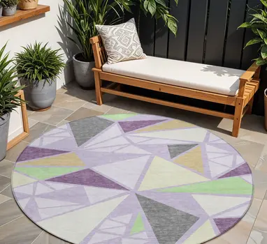 8' Lavender Purple And Green Round Geometric Washable Indoor Outdoor Area Rug