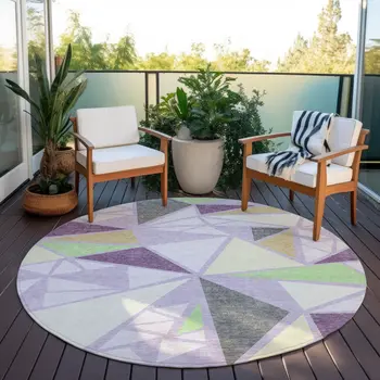 8' Lavender Purple And Green Round Geometric Washable Indoor Outdoor Area Rug
