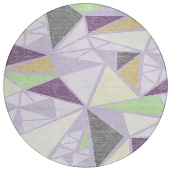 8' Lavender Purple And Green Round Geometric Washable Indoor Outdoor Area Rug