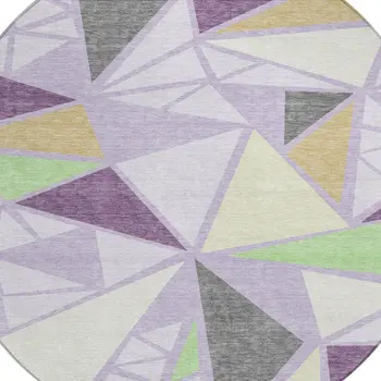 8' Lavender Purple And Green Round Geometric Washable Indoor Outdoor Area Rug