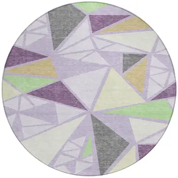 8' Lavender Purple And Green Round Geometric Washable Indoor Outdoor Area Rug