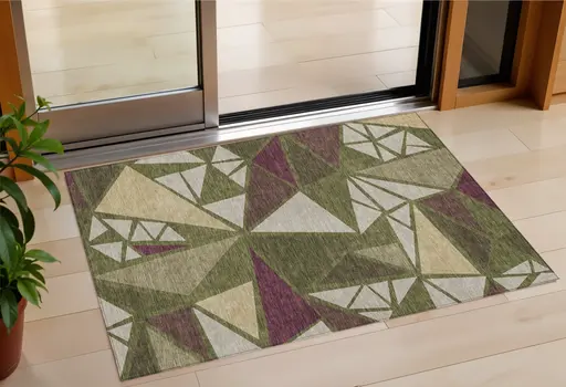 3' X 5' Olive Green Ivory And Burgundy Geometric Washable Indoor Outdoor Area Rug