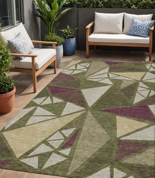 5' X 8' Olive Green Ivory And Burgundy Geometric Washable Indoor Outdoor Area Rug