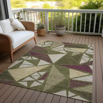 5' X 8' Olive Green Ivory And Burgundy Geometric Washable Indoor Outdoor Area Rug