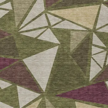 5' X 8' Olive Green Ivory And Burgundy Geometric Washable Indoor Outdoor Area Rug
