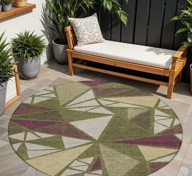 8' Olive Green Ivory And Burgundy Round Geometric Washable Indoor Outdoor Area Rug