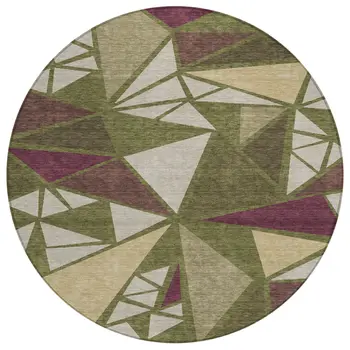 8' Olive Green Ivory And Burgundy Round Geometric Washable Indoor Outdoor Area Rug