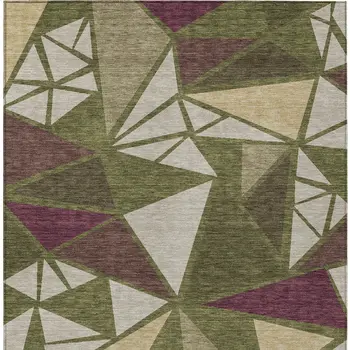 8' X 10' Olive Green Ivory And Burgundy Geometric Washable Indoor Outdoor Area Rug