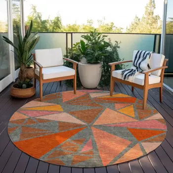 8' Rust Gray And Pink Round Geometric Washable Indoor Outdoor Area Rug