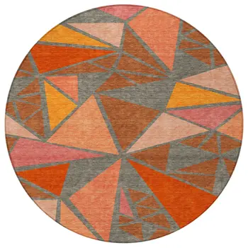 8' Rust Gray And Pink Round Geometric Washable Indoor Outdoor Area Rug