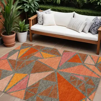 10' X 14' Rust Gray And Pink Geometric Washable Indoor Outdoor Area Rug