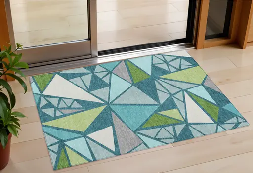 3' X 5' Teal Blue Green And Ivory Geometric Washable Indoor Outdoor Area Rug