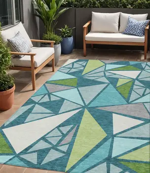 5' X 8' Teal Blue Green And Ivory Geometric Washable Indoor Outdoor Area Rug