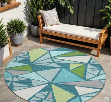 8' Teal Blue Green And Ivory Round Geometric Washable Indoor Outdoor Area Rug
