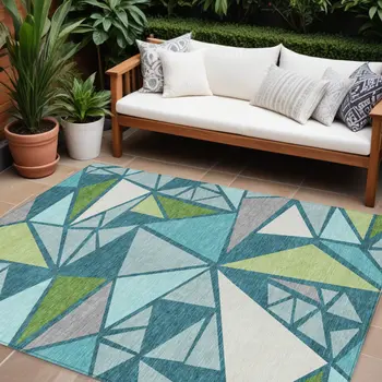 8' X 10' Teal Blue Green And Ivory Geometric Washable Indoor Outdoor Area Rug