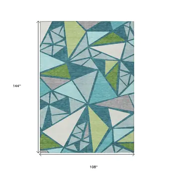 9' X 12' Teal Blue Green And Ivory Geometric Washable Indoor Outdoor Area Rug