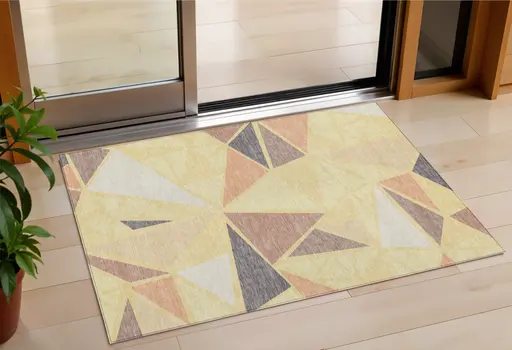 3' X 5' Wheat Brown And Gray Geometric Washable Indoor Outdoor Area Rug