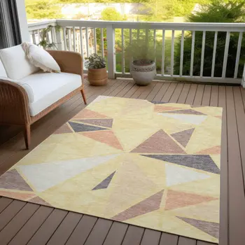3' X 5' Wheat Brown And Gray Geometric Washable Indoor Outdoor Area Rug