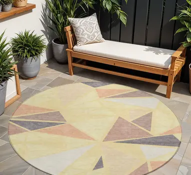 8' Wheat Brown And Gray Round Geometric Washable Indoor Outdoor Area Rug