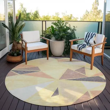 8' Wheat Brown And Gray Round Geometric Washable Indoor Outdoor Area Rug