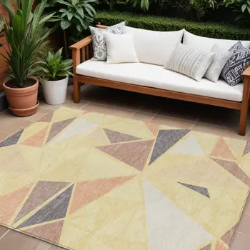 8' X 10' Wheat Brown And Gray Geometric Washable Indoor Outdoor Area Rug
