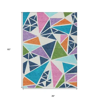 3' X 5' Dark Blue Green And Pink Geometric Washable Indoor Outdoor Area Rug
