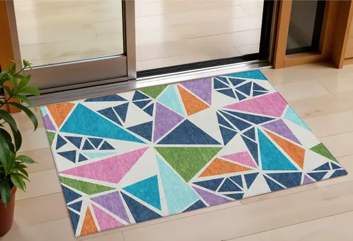 3' X 5' Dark Blue Green And Pink Geometric Washable Indoor Outdoor Area Rug