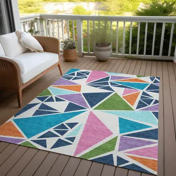 3' X 5' Dark Blue Green And Pink Geometric Washable Indoor Outdoor Area Rug