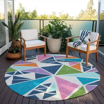 8' Dark Blue Green And Pink Round Geometric Washable Indoor Outdoor Area Rug