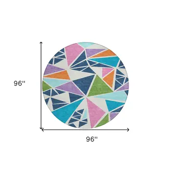 8' Dark Blue Green And Pink Round Geometric Washable Indoor Outdoor Area Rug