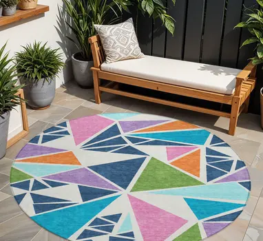 8' Dark Blue Green And Pink Round Geometric Washable Indoor Outdoor Area Rug