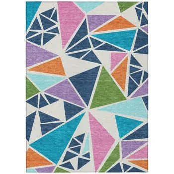 8' X 10' Dark Blue Green And Pink Geometric Washable Indoor Outdoor Area Rug