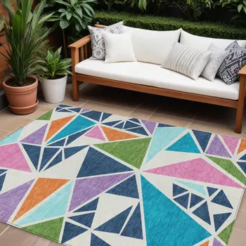 10' X 14' Dark Blue Green And Pink Geometric Washable Indoor Outdoor Area Rug