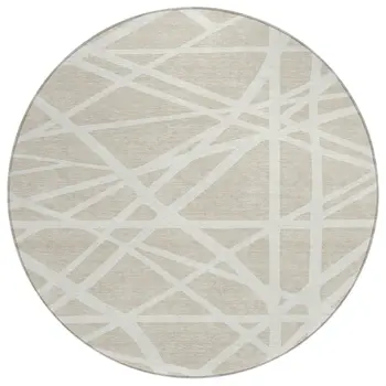 8' Beige And Ivory Round Geometric Washable Indoor Outdoor Area Rug