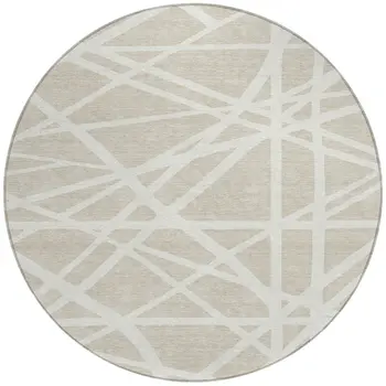 8' Beige And Ivory Round Geometric Washable Indoor Outdoor Area Rug