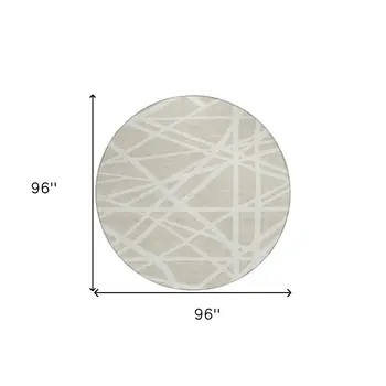 8' Beige And Ivory Round Geometric Washable Indoor Outdoor Area Rug