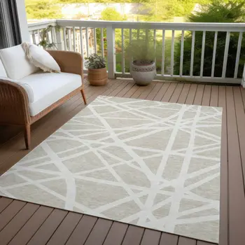 8' X 10' Beige And Ivory Geometric Washable Indoor Outdoor Area Rug