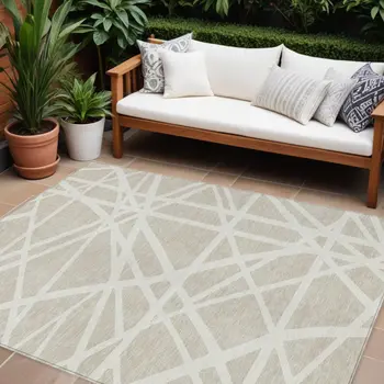 9' X 12' Beige And Ivory Geometric Washable Indoor Outdoor Area Rug
