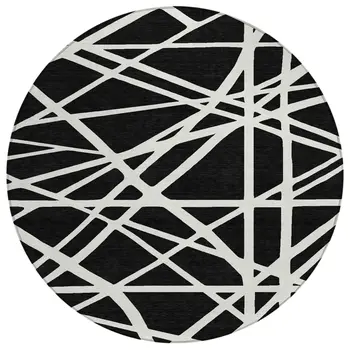 8' Black And Ivory Round Geometric Washable Indoor Outdoor Area Rug