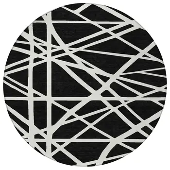 8' Black And Ivory Round Geometric Washable Indoor Outdoor Area Rug
