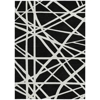 9' X 12' Black And Ivory Geometric Washable Indoor Outdoor Area Rug