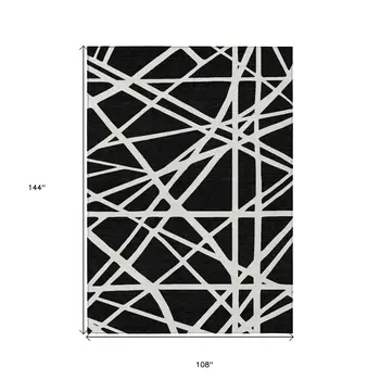 9' X 12' Black And Ivory Geometric Washable Indoor Outdoor Area Rug
