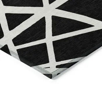 9' X 12' Black And Ivory Geometric Washable Indoor Outdoor Area Rug