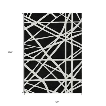 10' X 14' Black And Ivory Geometric Washable Indoor Outdoor Area Rug