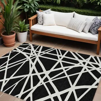 10' X 14' Black And Ivory Geometric Washable Indoor Outdoor Area Rug